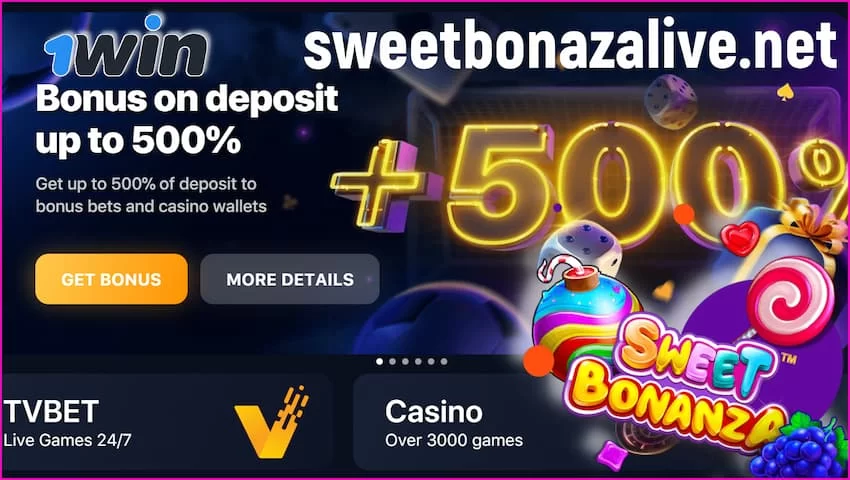 Get your bonus and play Sweet Bonanza Candyland in the casino 1xWIN is in this image.