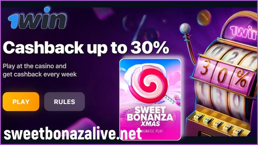 Play Sweet Bonanza at 1WIN casino and get 30% cashback is in this image!