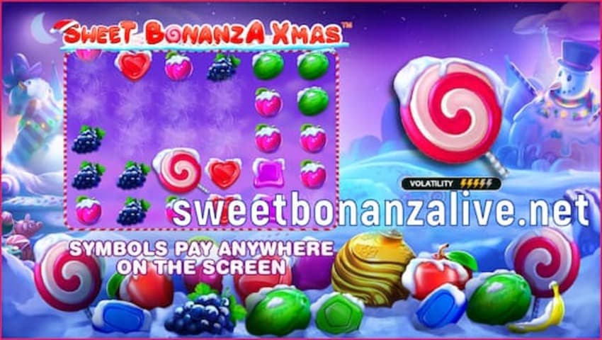 Read the Review of the Slot Sweet Bonanza Xmas and Get Bonuses! 1 Symbols are paid anywhere on the screen in Sweet Bonanza Xmas slot is in this image.
