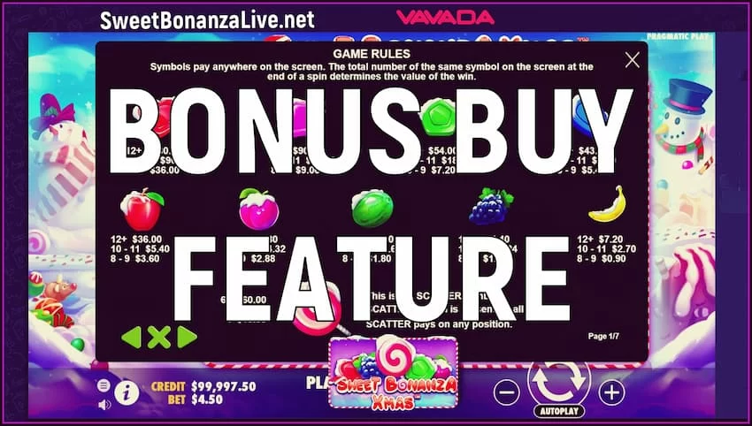 Read the Review of the Slot Sweet Bonanza Xmas and Get Bonuses! Activate the feature purchase bonus free spins in the Sweet Bonanza pictured.