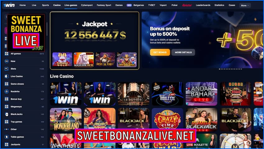 Imirt Sweet Bonanza Candyland agus cluichí eile le roth sníomh ag an Casino 1WIN sa phictiúr.