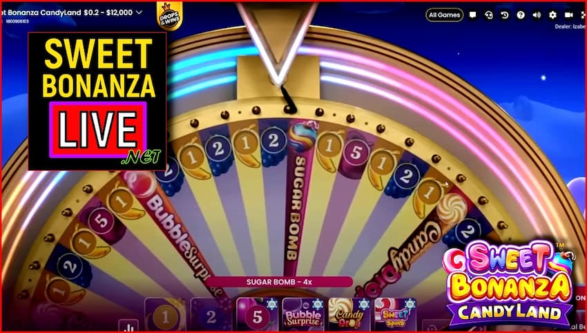 The Sugar Bomb bonus feature in the game Sweet Bonanza Candyland in the image.